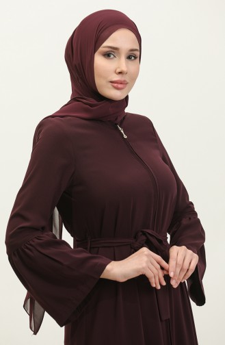 Jamila Ruffle Detailed Zippered Summer Abaya Plum 6011.mürdüm