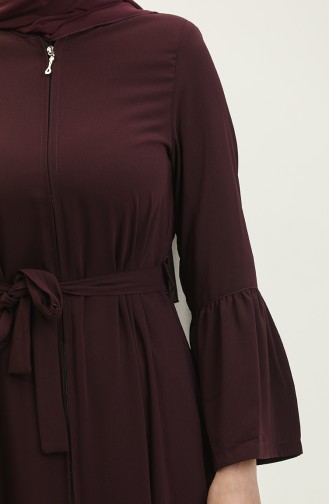 Jamila Ruffle Detailed Zippered Summer Abaya Plum 6011.mürdüm