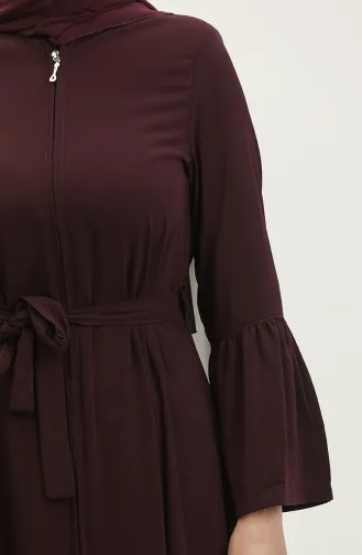 Jamila Ruffle Detailed Zippered Summer Abaya Plum 6011.mürdüm