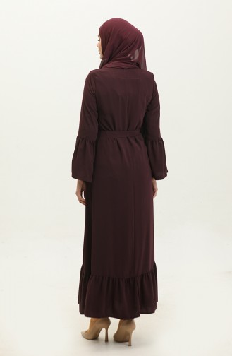 Jamila Ruffle Detailed Zippered Summer Abaya Plum 6011.mürdüm