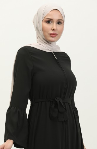 Jamila Ruffle Detailed Zippered Summer Abaya Black 6011.siyah