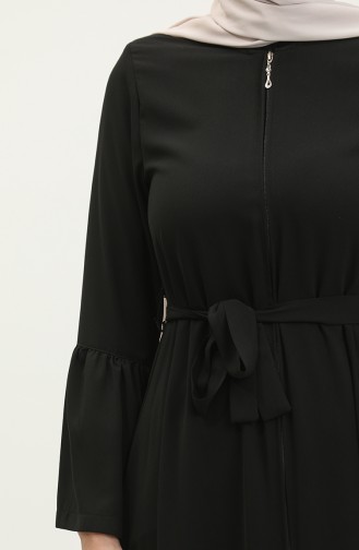 Jamila Ruffle Detailed Zippered Summer Abaya Black 6011.siyah