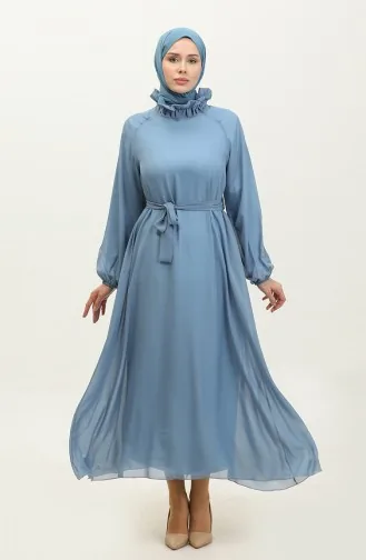 Gefüttertes Chiffonkleid Mit Gürtel 0220-01 Babyblau 0220-01