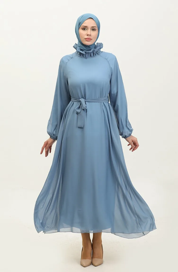 Gefüttertes Chiffonkleid Mit Gürtel 0220-01 Babyblau 0220-01