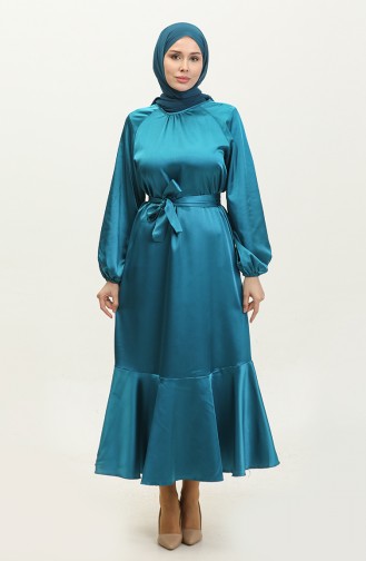 Flounced Skirt Belted Satin Dress 2023113-02 Petrol 2023113-02