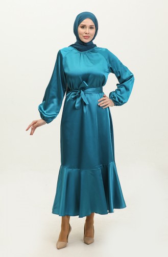 Flounced Skirt Belted Satin Dress 2023113-02 Petrol 2023113-02