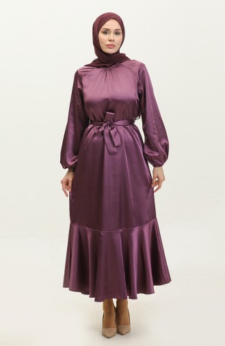 Flounced Skirt Belted Satin Dress 2023113-03 Lilac 2023113-03