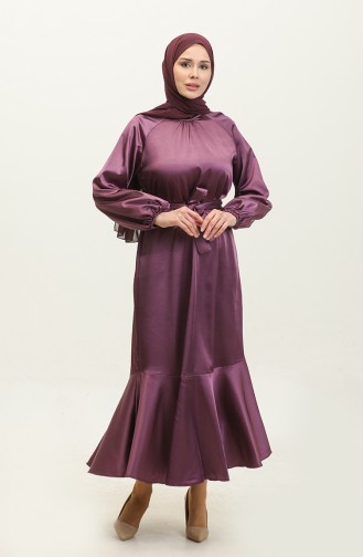 Flounced Skirt Belted Satin Dress 2023113-03 Lilac 2023113-03