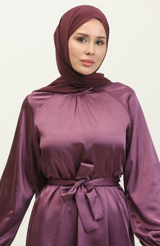 Flounced Skirt Belted Satin Dress 2023113-03 Lilac 2023113-03