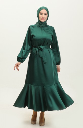 Flounced Skirt Belted Satin Dress 2023113-04 Emerald Green 2023113-04