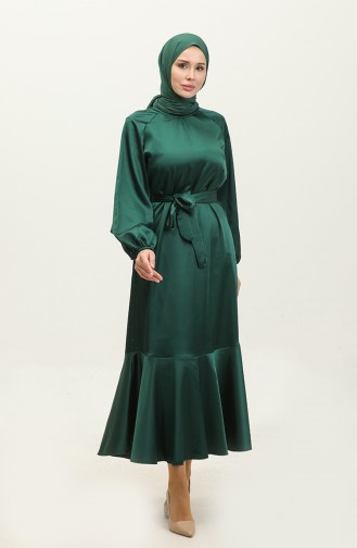 Flounced Skirt Belted Satin Dress 2023113-04 Emerald Green 2023113-04