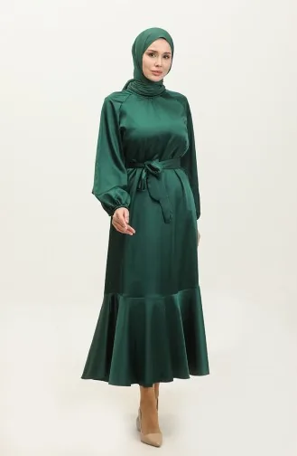 Robe Satin A Ceinture Et Jupe Volant 2023113-04 Vert Emeraude 2023113-04