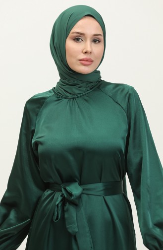 Flounced Skirt Belted Satin Dress 2023113-04 Emerald Green 2023113-04