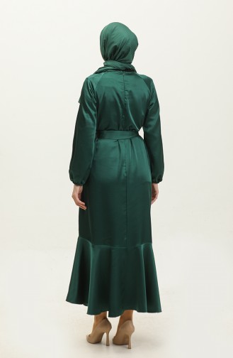 Flounced Skirt Belted Satin Dress 2023113-04 Emerald Green 2023113-04