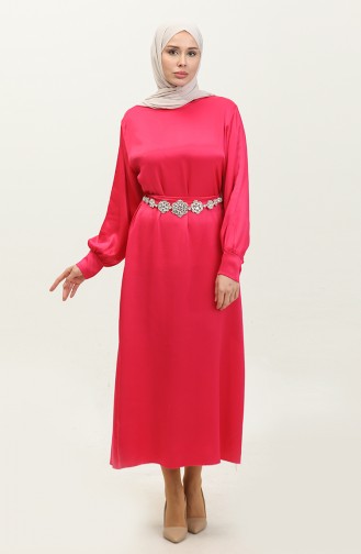 Stone Belt Satin Dress 202506-01 Fuchsia 202506-01