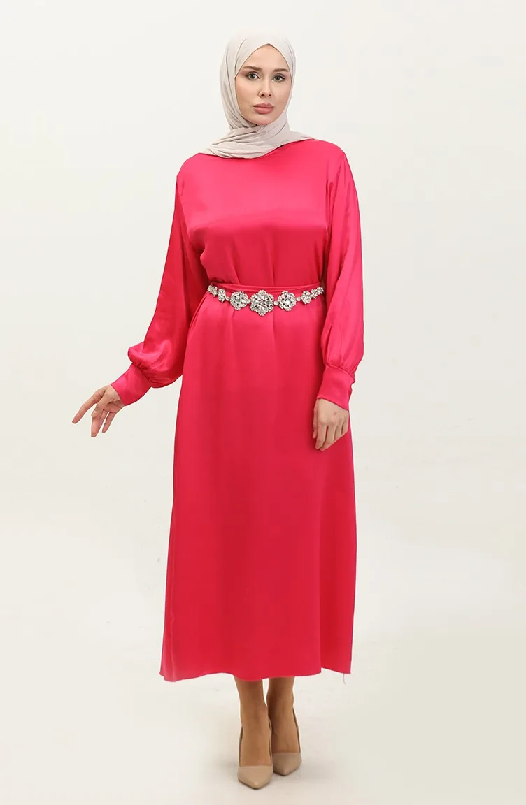 Satinkleid Mit Steingürtel 202506-01 Fuchsia 202506-01