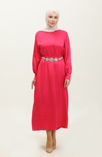 Stone Belt Satin Dress 202506-01 Fuchsia 202506-01