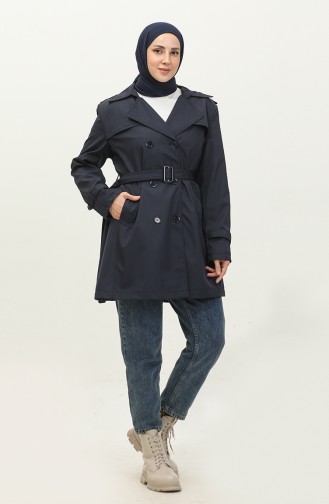 Women`s Plus Size Lined Trench Coat Cap Navy Blue 6814.Lacivert