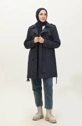 Women`s Plus Size Lined Trench Coat Cap Navy Blue 6814.Lacivert