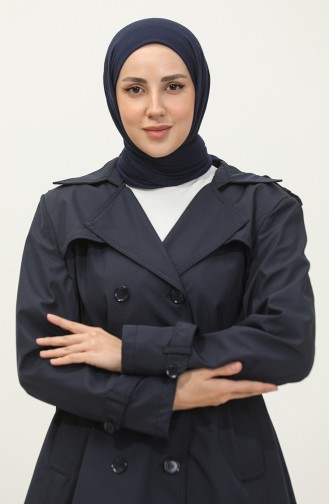 Women`s Plus Size Lined Trench Coat Cap Navy Blue 6814.Lacivert