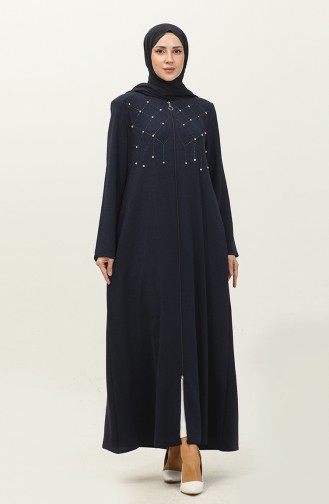 Jamila Jacquard Floral Patterned Beaded Embroidered Summer Women`s Abaya Navy Blue 6048.Lacivert