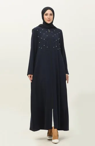 Jamila Jacquard Floral À Motifs Perlé Brodé Été Femmes Abaya Bleu Marine 6048.Lacivert