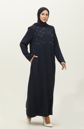 Jamila Jacquard Floral Patterned Beaded Embroidered Summer Women`s Abaya Navy Blue 6048.Lacivert