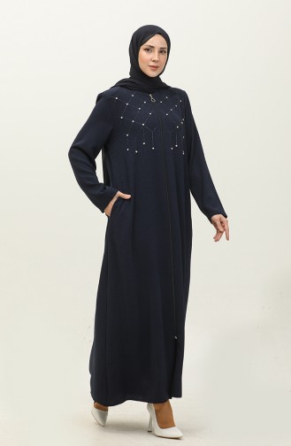 Jamila Jacquard Floral À Motifs Perlé Brodé Été Femmes Abaya Bleu Marine 6048.Lacivert