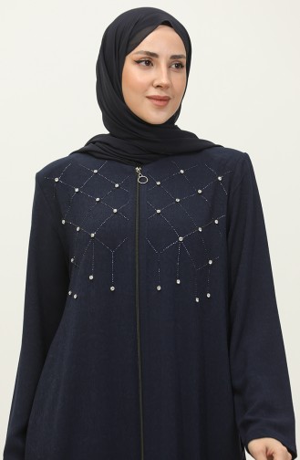 Jamila Jacquard Floral Patterned Beaded Embroidered Summer Women`s Abaya Navy Blue 6048.Lacivert