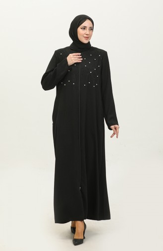 Jamila Jacquard Blumenmuster Perlen Bestickt Sommer Damen Abaya Schwarz 6048.SİYAH