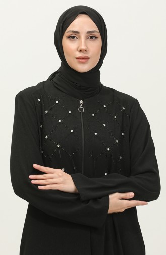 Jamila Jacquard Floral Patterned Beaded Embroidered Summer Women`s Abaya Black 6048.SİYAH