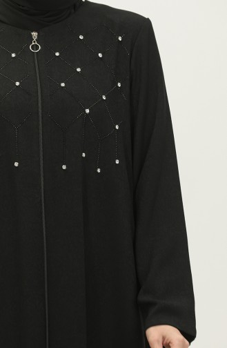 Jamila Jacquard Floral À Motifs Perlé Brodé Été Femmes Abaya Noir 6048.SİYAH