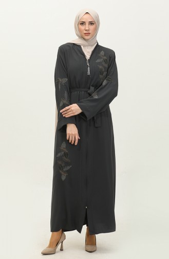 Mit Steinen Bestickte Abaya Mit Blattmuster Anthrazit 7845.Antrasit