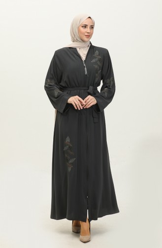 Bladmotief Steen Geborduurd Abaya Antraciet 7845.Antrasit