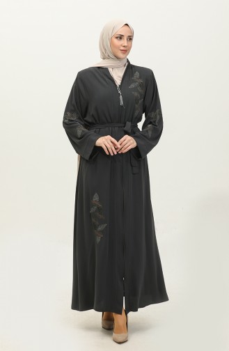 Mit Steinen Bestickte Abaya Mit Blattmuster Anthrazit 7845.Antrasit