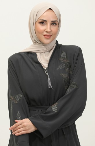 Abaya Brodée Pierre Motif Feuille Anthracite 7845.Antrasit