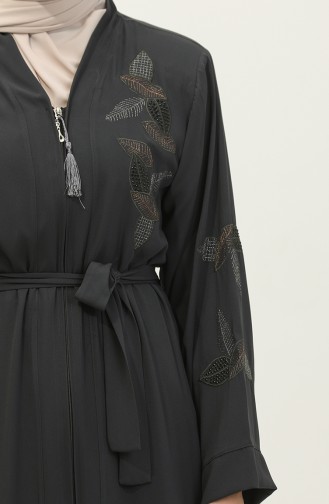 Abaya Brodée Pierre Motif Feuille Anthracite 7845.Antrasit