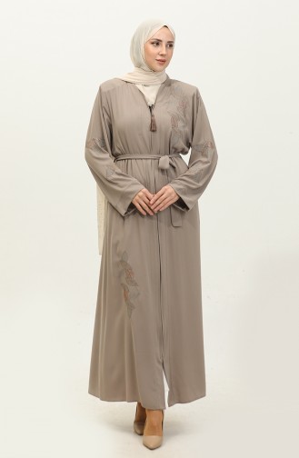 Steen Met Bladpatroon Geborduurd Abaya Beige 7845.Bej