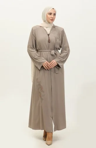 Leaf Patterned Stone Embroidered Abaya Beige 7845.Bej