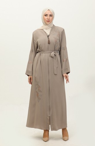 Abaya Mit Blattmuster Und Steinstickerei In Beige 7845.Bej