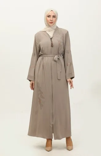 Leaf Patterned Stone Embroidered Abaya Beige 7845.Bej