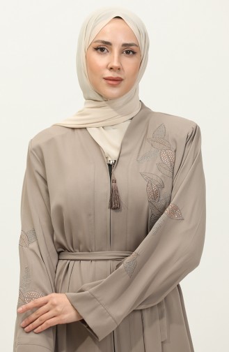 Steen Met Bladpatroon Geborduurd Abaya Beige 7845.Bej