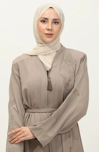 Leaf Patterned Stone Embroidered Abaya Beige 7845.Bej