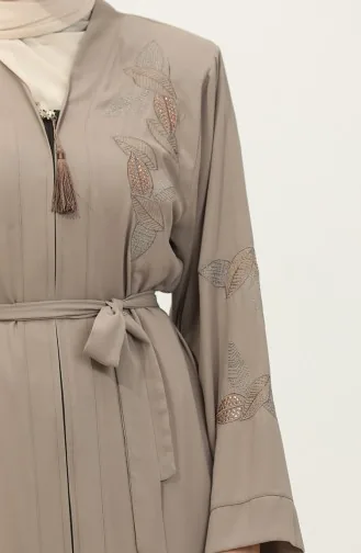 Leaf Patterned Stone Embroidered Abaya Beige 7845.Bej