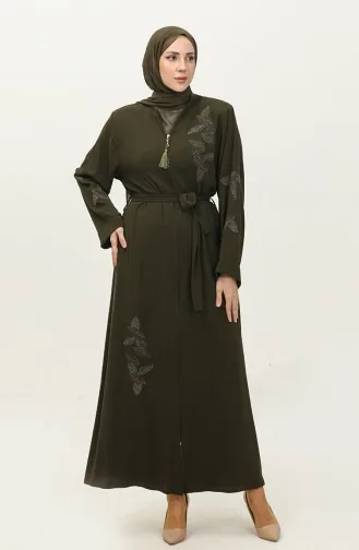 Mit Steinen Besticktes Abaya-Khaki Mit Blattmuster 7845.Haki