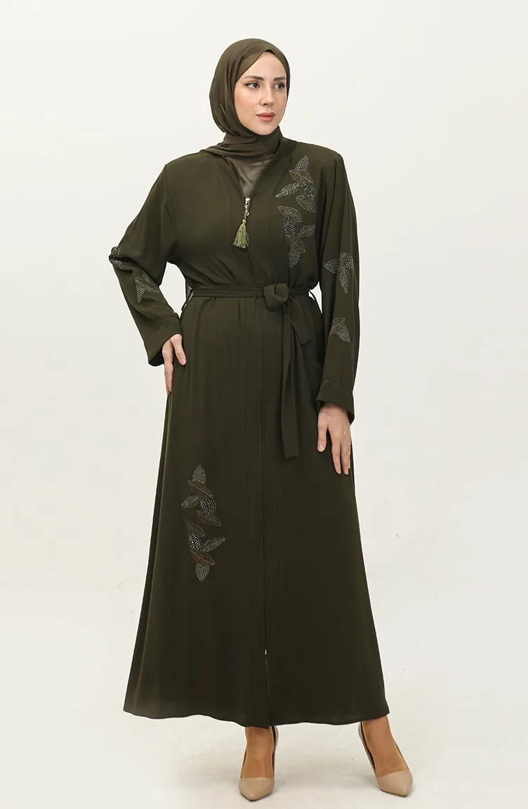 Mit Steinen Besticktes Abaya-Khaki Mit Blattmuster 7845.Haki