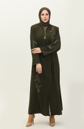 Mit Steinen Besticktes Abaya-Khaki Mit Blattmuster 7845.Haki