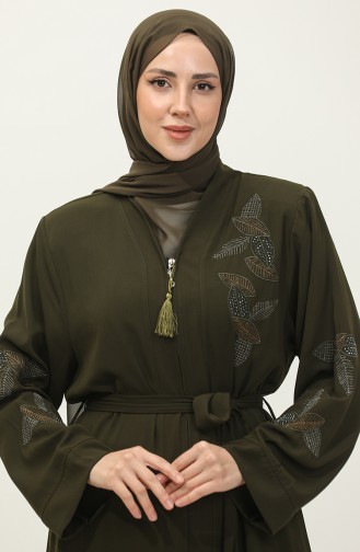 Leaf Patterned Stone Embroidered Abaya Khaki 7845.Haki