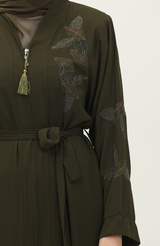 Mit Steinen Besticktes Abaya-Khaki Mit Blattmuster 7845.Haki