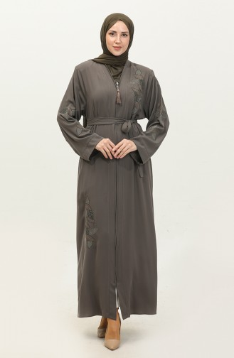 Leaf Patterned Stone Embroidered Abaya Mink 7845.Vizon